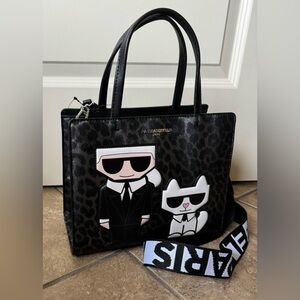 Karl Lagerfeld Paris Crossbody Satchel Bag Faux Leather Vegan Leopard Print